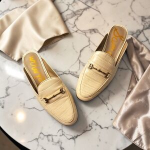 Sam Edelman Linnie Mules Cream Croc Embossed Horsebit Loafers Ivory Womens 7M